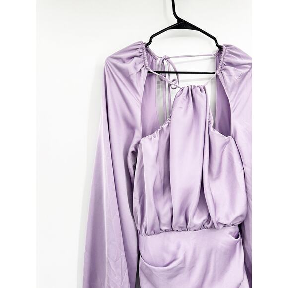 House of CB Orchid KATE Satin Wrap Front Long Sleeve Party Mini Dress Medium NWT - Picture 6 of 7